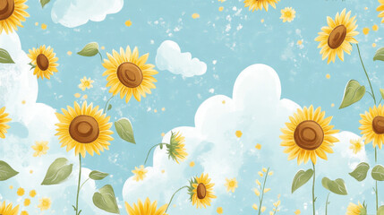 Sunflowers in Sky: Whimsical illustration of sunflowers floating in a light blue sky with fluffy white clouds. Perfect for summer, happiness, and carefree vibes. 