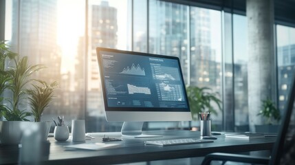 Modern Workspace with Infographic Analysis and Soft Light