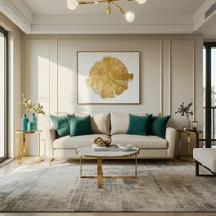 Luxurious living room, modern interior design, cream sofa, teal accent pillows, gold circular coffee tables, abstract wall art with gold circles, gray walls, floor lamp, cozy atmosphere, elegant decor