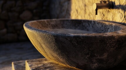Fototapeta premium Rustic Stone Sink: Architectural Detail in Golden Hour