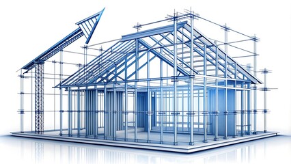 Fototapeta premium Structural Integrity Create a clean, white-background illustration of a building’s structural blueprint with a reinforced framework and a rising arrow, symbolizing the strength and stability