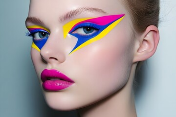Vibrant Yellow Blue Pink Makeup Illustration, Creative Cosmetic Design, Bold Color Face Paint