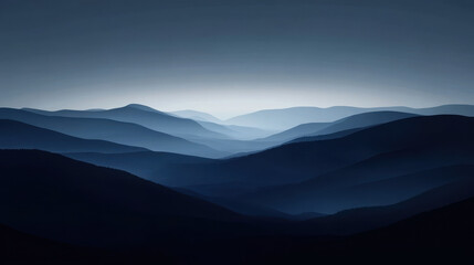 Obraz premium Blue Ridge Serenity: A mesmerizing panorama of rolling hills bathed in a soft, ethereal light. The deep blue hues and misty atmosphere evoke a sense of tranquility and introspection.