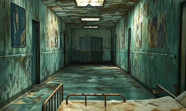Abandoned hospital corridor with eerie lighting and rustic walls, featuring an empty hospital bed, creating a haunting atmosphere of neglect and decay with ai generated.