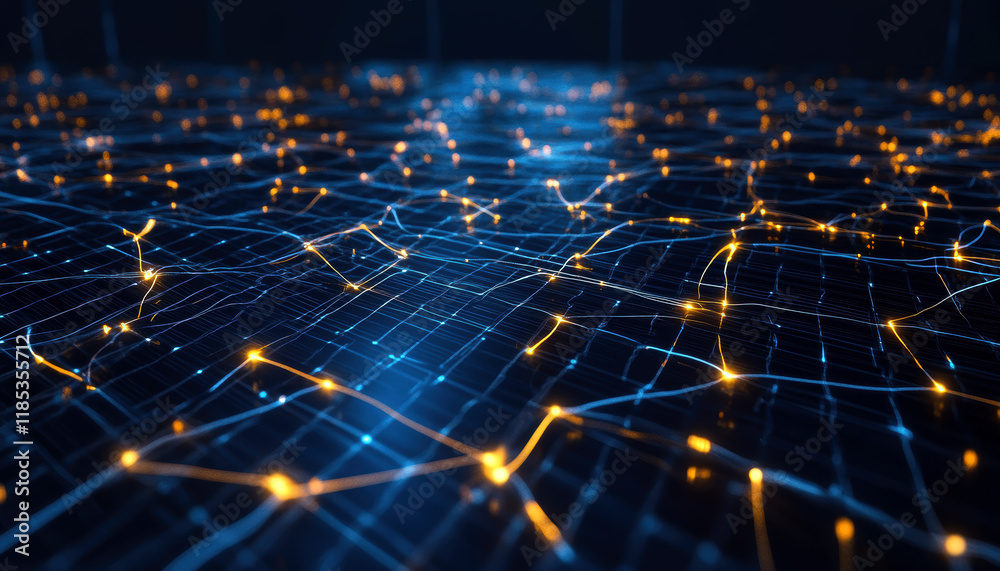 Poster a stunning visual representation of a digital landscape, showcasing interconnected lines illuminated