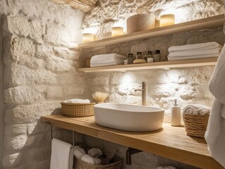 Rustic Bathroom Vanity With Stone Walls And Wooden Shelves