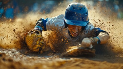 Obraz premium Baseball Player Sliding into Base with Dust and Dirt