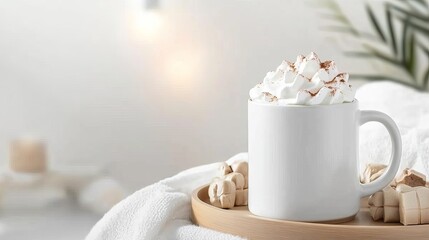 Obraz premium Warm Cozy Cup of Coffee with Whipped Cream and Sprinkles on Soft Blanket in Bright and Inviting Room Setting