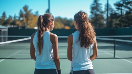 Two young female tennis players on a sunny court