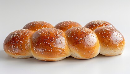 Fototapeta premium A braided loaf of freshly baked bread with sesame seeds, shot on a white background.