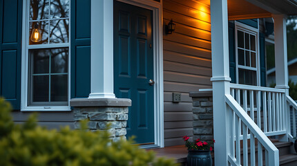 Fototapeta premium Evening view of a house exterior, featuring a teal front door, white porch railing, stone pillars, and a window with dark blue shutters. Warm light illuminates the porch area.