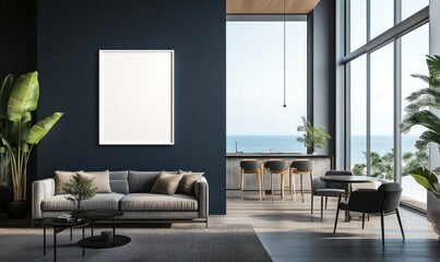 Modern apartment living room with ocean view, grey sofa, blank frame, and kitchen island.