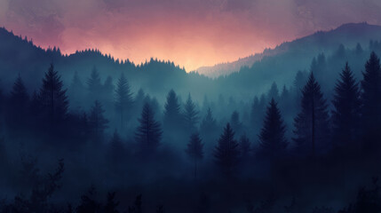 Obraz premium Dreamy Forest Silhouette at Dusk: A serene landscape painting capturing the ethereal beauty of a misty forest bathed in the soft glow of a setting sun.