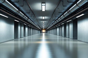Fototapeta premium A sleek, modern corridor showcasing long, lined piping and bright overhead lights, leading to a distant glowing exit, evoking a sense of intrigue and industrial aesthetics.