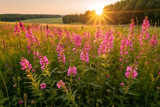 sunlit pink fowers in blooming summer meadow at golden hour
