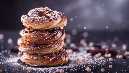 A stack of four golden brown pastry rings with chocolate chips and powdered sugar,  with chocolate pieces and sugar pearls scattered on a dark grey surface.