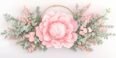 A minimalist wreath with large peony floral arrangement for home aesthetics