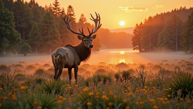 A majestic brown bull elk stands tall, its impressive antlers reaching for the sky, set against a breathtaking backdrop of golden sunset over rolling hills and a serene misty lake