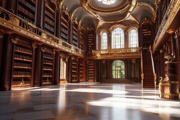 Obraz premium Grand european library hall with ornate architecture and sunlit interior