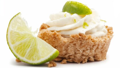A single lime pie with whipped cream and a lime wedge on a white background.