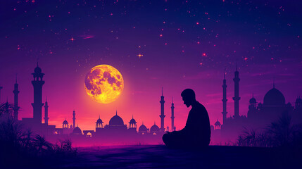 Naklejka premium Silhouetted figure praying during Ramadan under a vibrant moonlit sky