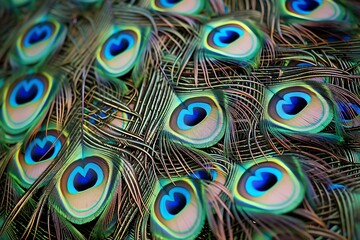 Obraz premium Closeup of iridescent peacock feathers showcasing vibrant blues, greens, and characteristic eyes. The intricate detail and overlapping pattern create a visually stunning display.