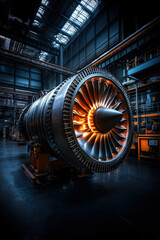 Obraz premium An impressive jet engine showcased in a dimly lit industrial workshop, featuring intricate details and a glowing turbine, epitomizing aerospace engineering brilliance and technological advancement.