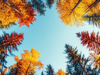 Fall foliage transformation forest canopy nature photography vibrant colors upward perspective seasonal change