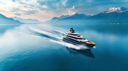 A Luxurious Yacht Gliding Through Calm Waters with Scenic Mountains in the Background Under a Dramatic Sky at Dusk