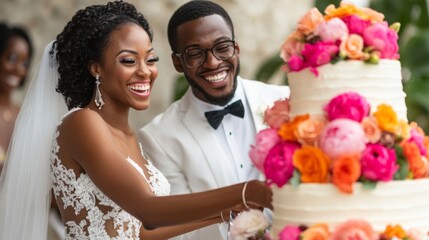 Joyful Wedding Couple Cutting a Three-Tiered Cake Decorated with Vibrant Flowers