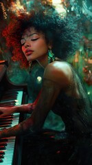 Fototapeta premium A woman playing piano in an elegant black dress
