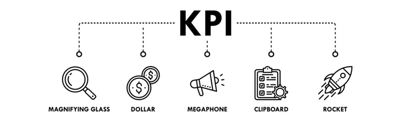 Key Performance Indicators banner web icon illustration concept with icon of magnifying glass, dollar, megaphone, clipboard, and rocket