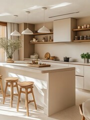 Minimalist Beige Kitchen Island Design With Wooden Stools