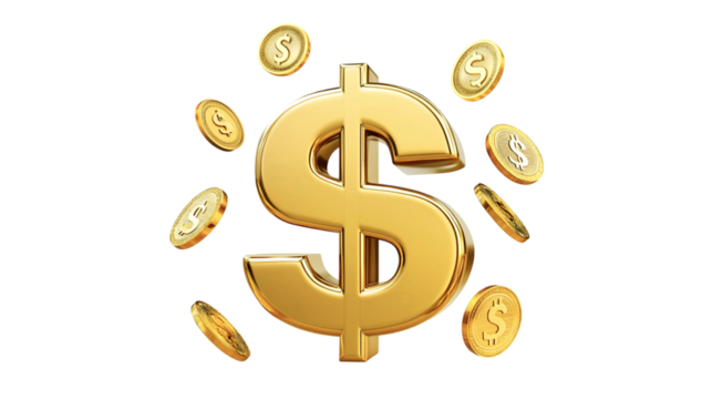 Realistic golden dollar sign and Explosion of gold coins png on transparent background