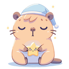Adorable sleepy capybara holding a glowing star in its paws. Trendy flat illustration isolated on white background. Perfect for childrens designs