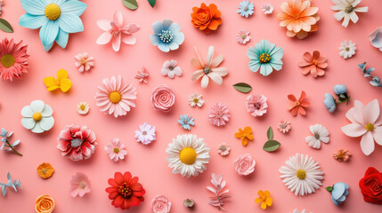 Paper Flower Arrangement: A delicate and vibrant collection of paper flowers in various colors and sizes arranged on a soft pink background, showcasing the intricate beauty of handcrafted artistry.