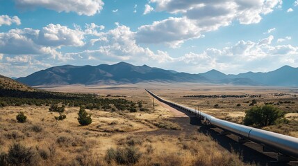 Pipeline stretching through a desert landscape under a partly cloudy sky.