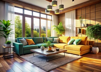 3D rendering:  Stylish modern living room with a comfy sectional.