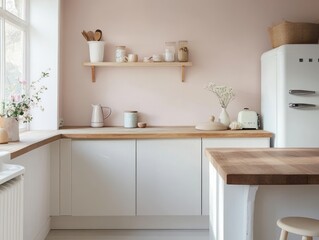 Minimalist Kitchen Featuring Light Pink Walls and White Cabinets