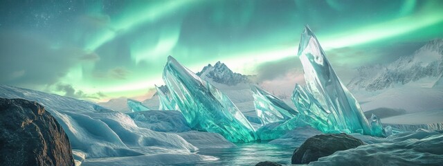 Obraz premium An extraordinary view of a remote glacier bay with intricate, geometric ice patterns and a rare, vivid aurora australis casting an ethereal glow over the icy landscape