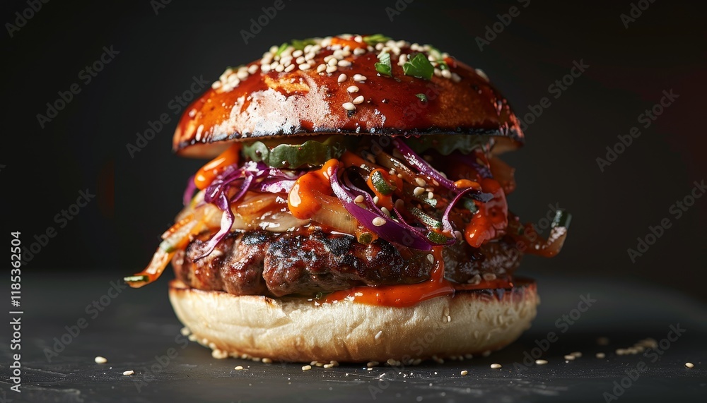 Sticker Close-up of a juicy gourmet burger with red cabbage, caramelized onions, and a spicy sauce on a sesame seed bun.