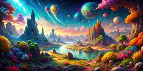Abstract panoramic, mystical landscape AI art.