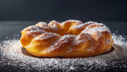 A freshly baked, ring-shaped pastry dusted with powdered sugar, resting on a dark surface.