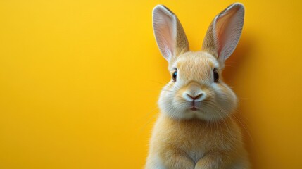 Fototapeta premium A cute rabbit with large ears against a bright yellow background.