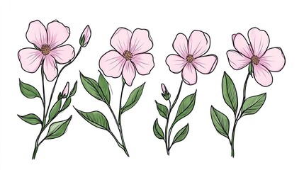 Pink flowers line art, botanical illustration, white background, design element