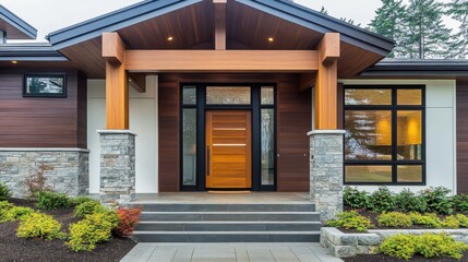 modern house exterior, white siding, wood accents, stone facade, large windows, manicured lawn, landscaped garden, architectural photography, clean lines, contemporary design, residential home, front 