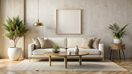 Minimalistic Scandinavian Living Room with White Sofa, Stone Table, and Mockup Poster Frame for Modern Interior Design Inspiration