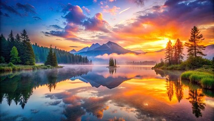 Misty mountain lake reflects a serene sunrise, peaceful dawn.