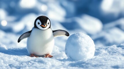 Fototapeta premium Adorable little penguin happily pushing a snowball across an icy,frozen landscape in the snowy,wintry Arctic. The curious bird looks excited as it rolls the ball along the white.