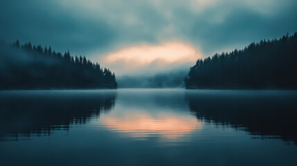 Fototapeta premium Misty Morning Reflections: A serene and tranquil scene of a still lake surrounded by forested hills, with a misty sunrise casting an ethereal glow over the water.
